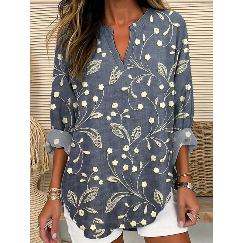 Women's Shirt Floral Daily Casual Long Sleeve V Neck Regular Tops Daily Holiday Buttons Print Gray Spring Fall