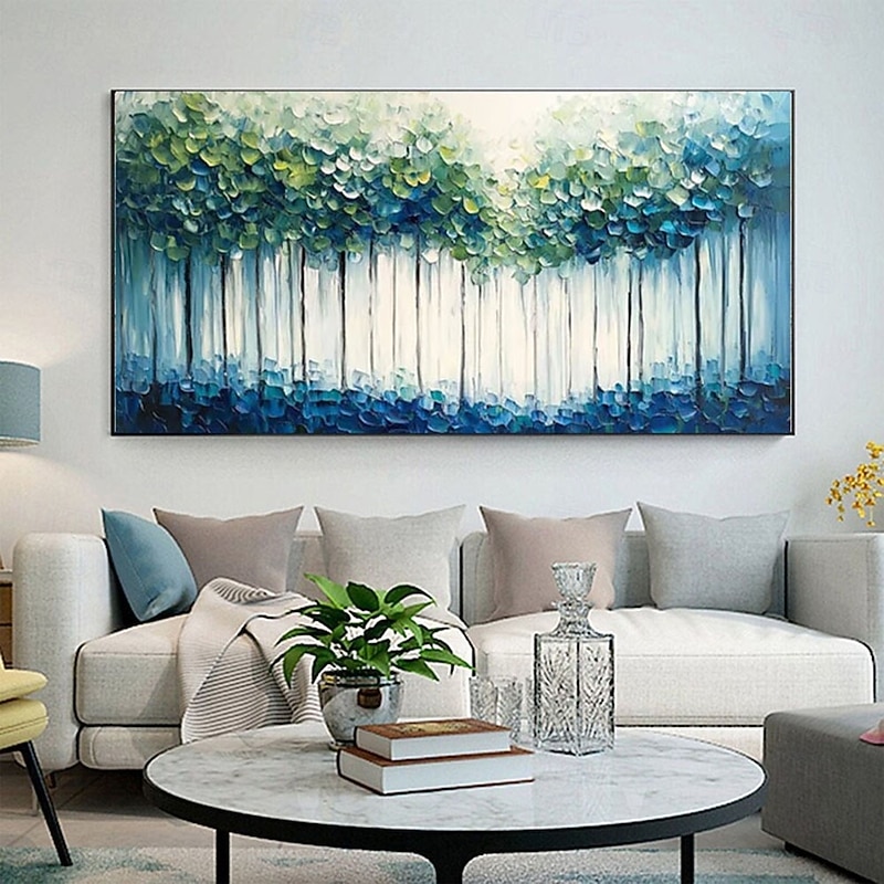 Handmade Oil Painting Modern Abstract Forest Bold Textured Brushstrokes Emerald Green Canopy Teal Hues Minimalist Trunks Sapphire Depths Contemporary Wall Art Gallery Wrapped Canvas Impasto Technique3