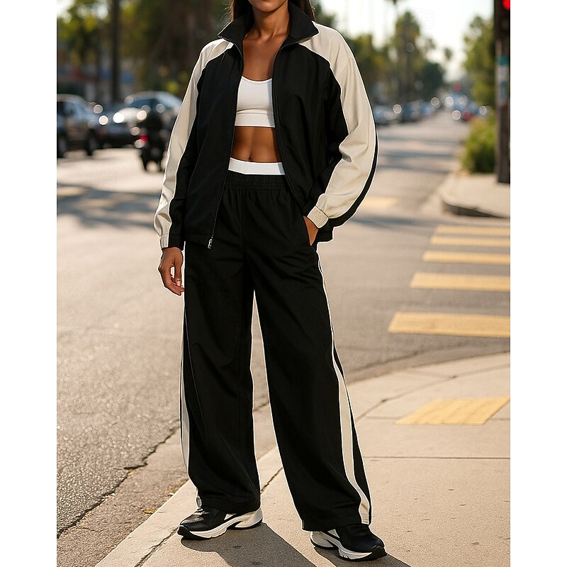 Women's Tracksuit Sweatpants Hooded Jacket Drawstring Hooded Color Block Clothing Suit Spring Black White Gym Training Running Windproof Long Sleeve Sport Activewear Micro-elastic Loose Fit4