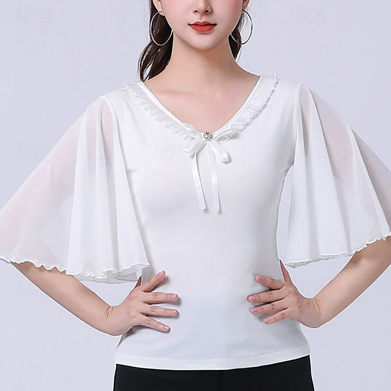 Latin Dance Top Bowknot Pure Color Splicing Women's Performance Training Half Sleeve High Polyester