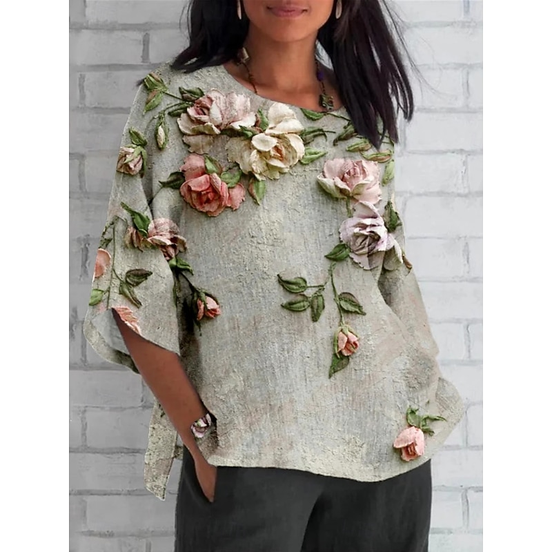 Women's Shirt Floral Daily Casual 3/4 Length Sleeve Crew Neck Regular Tops Daily Holiday Print White Green Khaki Summer Spring Fall3
