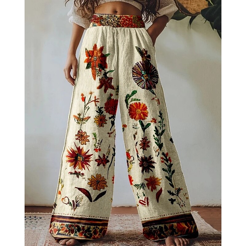 Women's Wide Leg Pants Trousers Palazzo Pants Vintage Boho Full Length High Waist Flower Elastic Waist Printing Breathability Comfortable Street Daily Wear Going out Khaki Spring Fall Regular Fit
