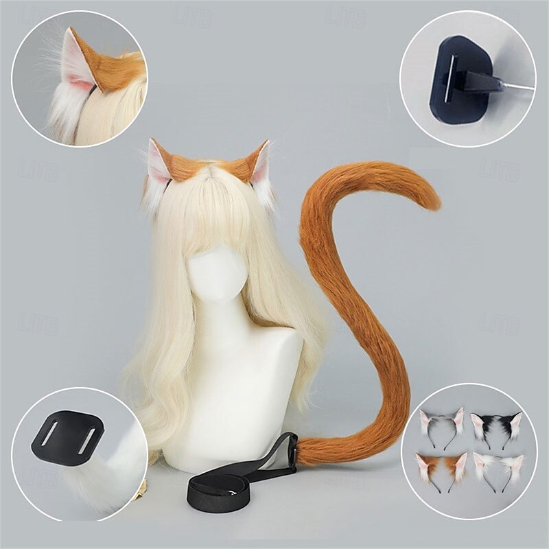Realistic Cat Ears Headband with Tail Set – Handmade Furry Animal Ears, Cat Cosplay Accessories for Convention, Cosplay, Party, and Halloween4