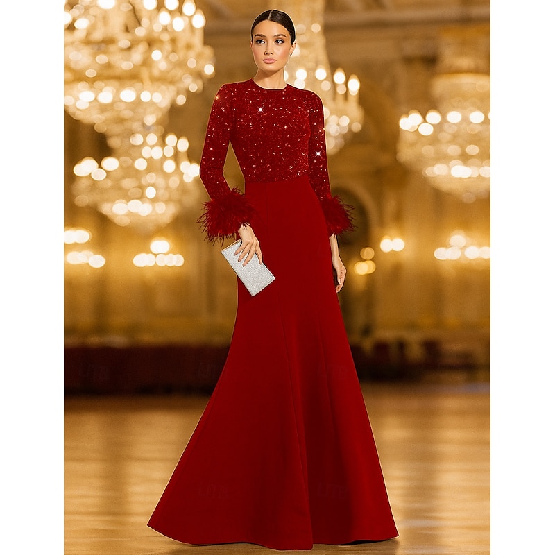Red Black Tie Sequin Mermaid Evening Gown Elegant Dress Formal Wedding Floor Length Long Sleeve Crew Neck Stretch Crepe with Feather4