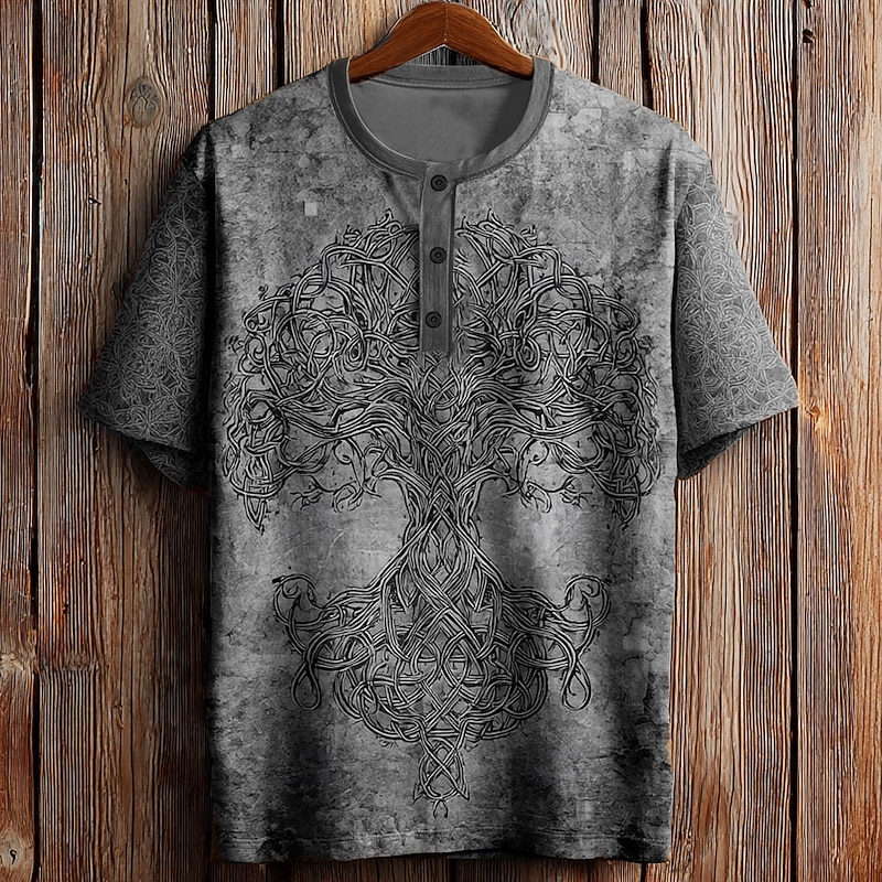 Men's Tree Retro T Shirt Henley Shirt Short Sleeve Designer Retro Vintage Graphic Street Casual Daily Summer Spring Dark Grey Blue Green khaki Henley Henley T-Shirt4