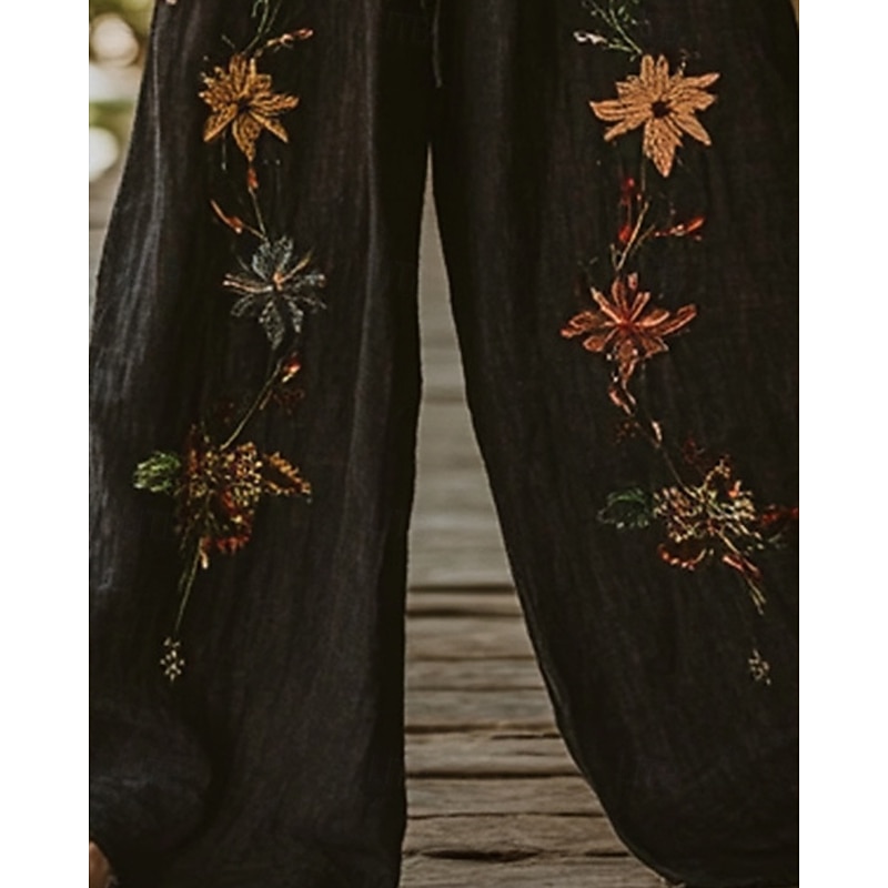 Women's Wide Leg Pants Trousers Palazzo Pants Casual Boho Full Length High Waist Flower Elastic Waist Drawstring Print Breathability Comfortable Street Daily Wear Going out Black Spring Fall Regular3
