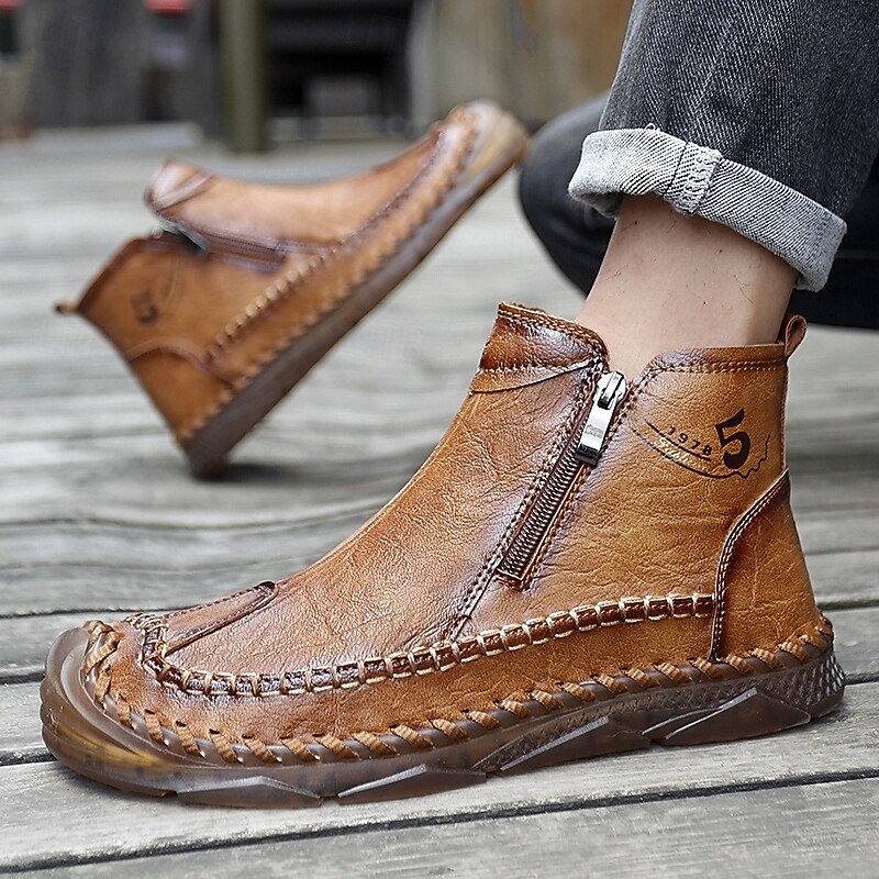 Men's Handmade Zipper Ankle Boots for Daily Comfort – Casual Vintage-Style Walking Boots for Fall Travel and Urban Adventures4