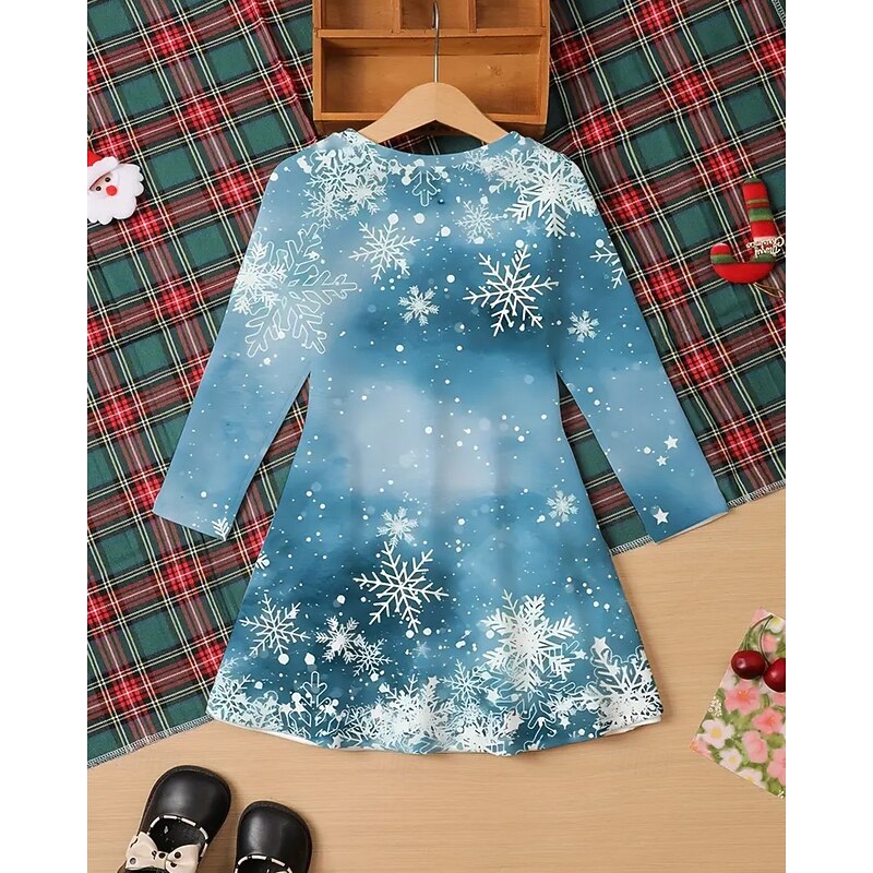 Christmas Girls' 3D Elk Snowflake Dress Long Sleeve Summer Spring Vacation Daily Holiday Princess Beautiful Sweet Kids 4-12 Years Casual Dress A Line Dress Knee-length Regular Fit4