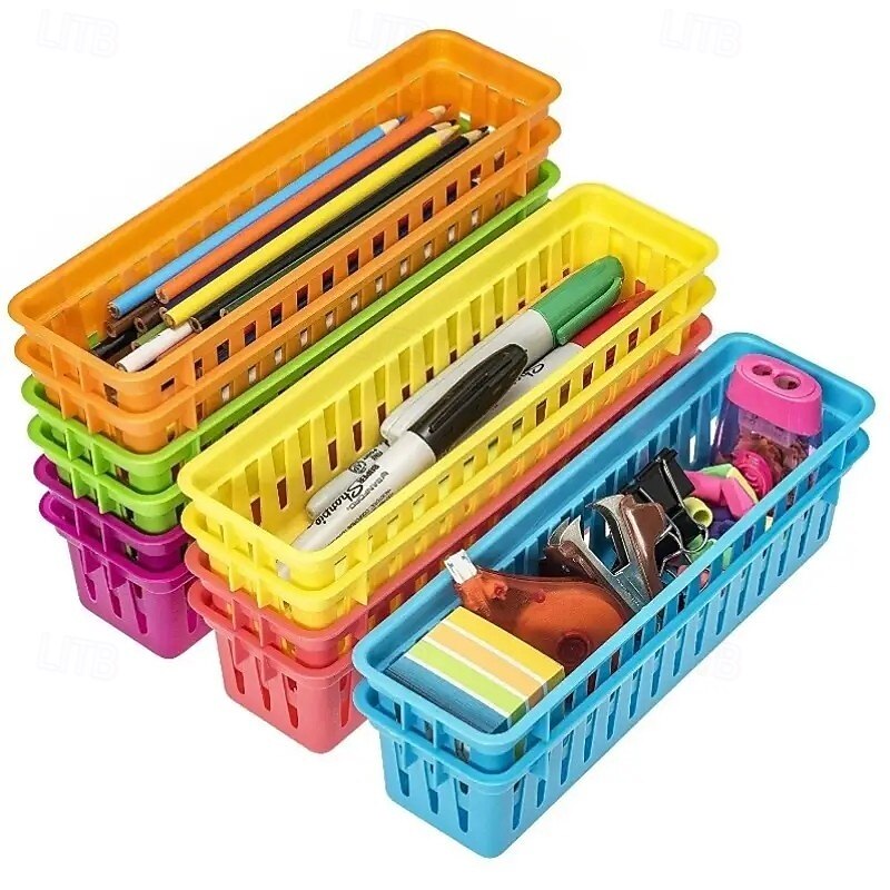 12pcs Classroom Pencil Storage Boxes Back To School Gift, Rectangular Extra-Long Plastic Desk Organizers in 6 Colors, Crayon and Stationery Holder for Teacher, Office, Home, Back to School, and Art Supplies3