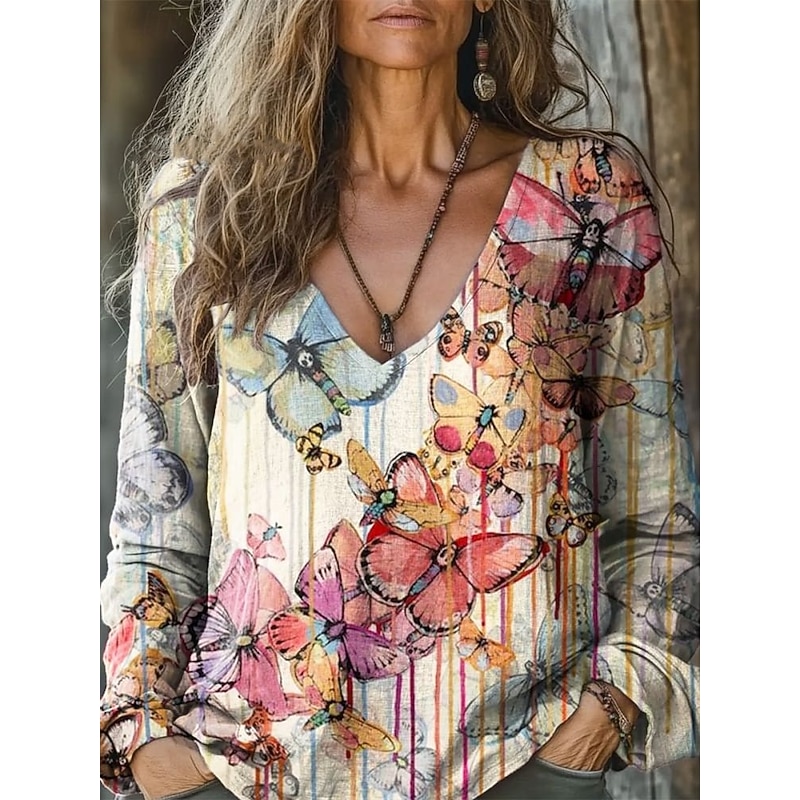 Women's Blouse Floral Daily Stylish Long Sleeve V Neck Regular Tops Daily Holiday Print Black White Navy Blue Royal Blue Blue Summer Spring Fall