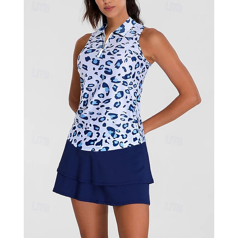 Women's Graphic Leopard Sport Shirt Golf Polo Shirt Tennis Shirt Sleeveless Zipper High Elasticity Moisture Wicking Breathable Tennis Golf Pickleball Turndown Zip Collar Shirt Top White Pink Blue