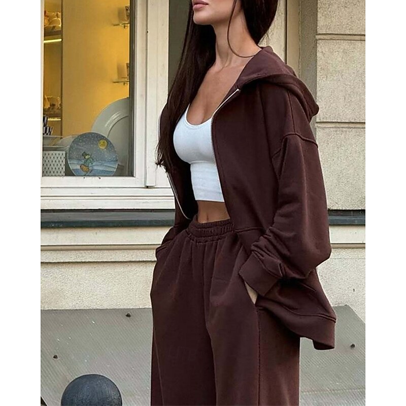 Women's Fashion Streetwear Tracksuit Pants Sets Long Sleeve Hooded Plain Zipper Daily Wear Date Pink Burgundy Beige Spring &  Fall Regular Fit4