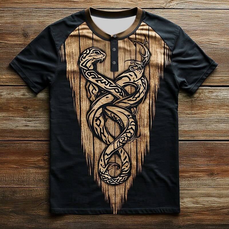 Men's Graphic Snake T Shirt Henley Shirt Short Sleeve Designer Retro Vintage Street Casual Daily Summer Spring Black Henley Henley T-Shirt