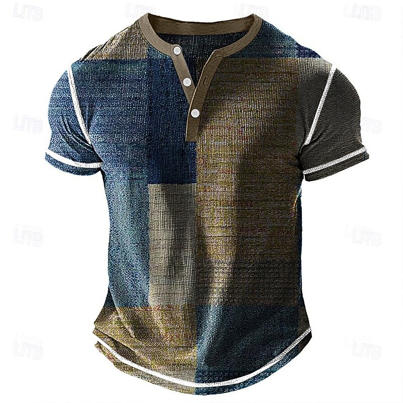 Men's Geometric Patchwork Henley Shirt Waffle T Shirt Short Sleeve Daily Retro Vintage Classic Sports Outdoor Casual Holiday Spring & Summer Blue Green Purple Brown Grey Henley Henley T-Shirt3