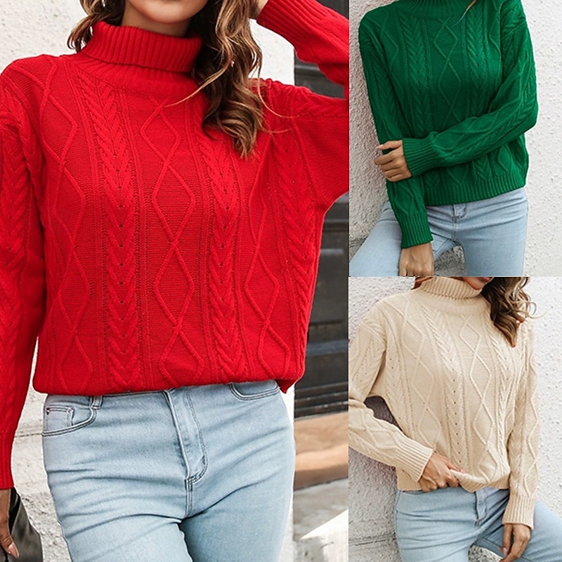 Women's Pullover Casual Solid Color Chunky Turtleneck Knitted Long Sleeve Regular Tops Knit Daily Holiday Going out Red Green Fall Winter