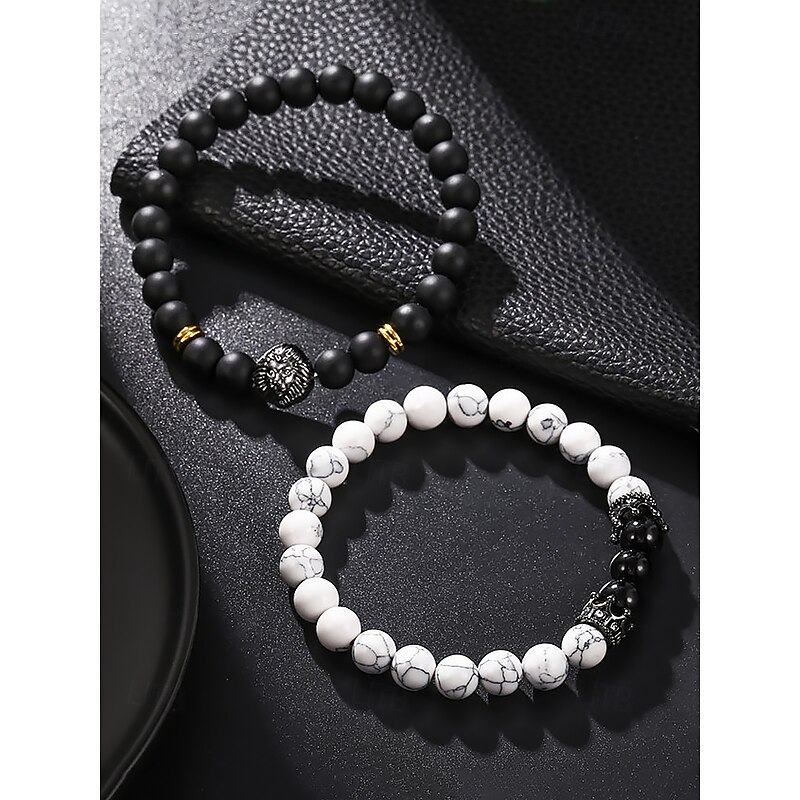 Men's Natural Stone Beaded Bracelet Set with Lion Head Charm – 2-Piece Stretch Bracelets for Punk Style, Gifts and Street Fashion Wear4