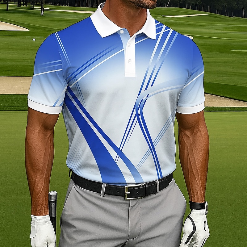 Men's Polo Casual Sports Turndown Short Sleeve Fashion Leisure Geometic Golf 3D Print Buttons Summer Violet Lake Blue Blue Polo2