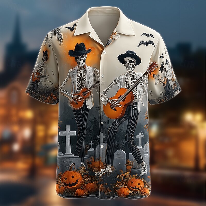Halloween Men's Skull Pumpkin Cemetery Shirt Cuban Collar Shirt Button Up Shirt Short Sleeve Dark Punk Gothic Style Holiday Streetwear Summer Camp Collar Shirt 3D Print Apricot