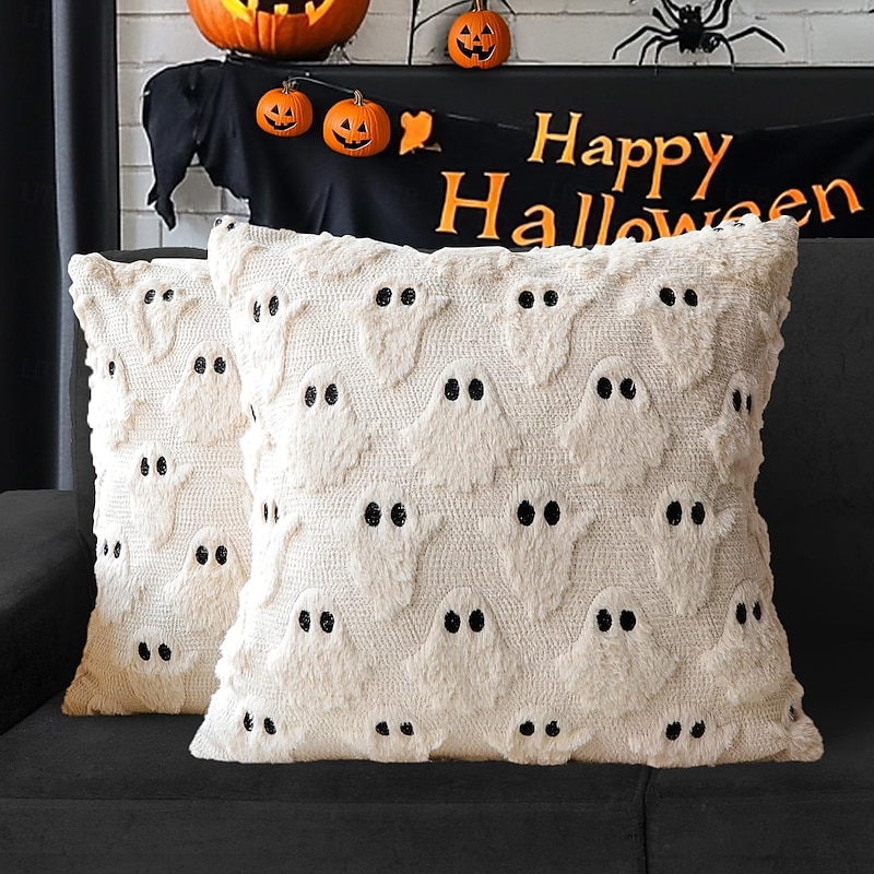 Halloween Ghost Decorative Pillow Covers 18x18 , Beige Soft Plush Faux Fur Farmhouse Throw Cushion Cases for Fall Autumn Holiday Home Decorations