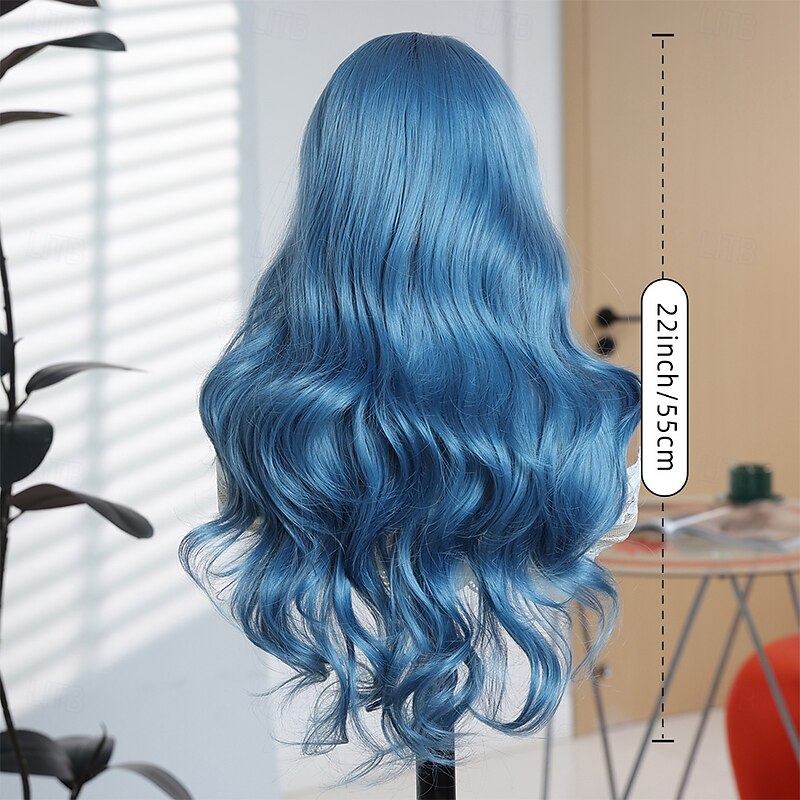 Women's 22″ Blue Wavy No‑Bangs Halloween Wig – Long Heat‑Resistant Synthetic Hair for Costume Parties & Photo Shoots4