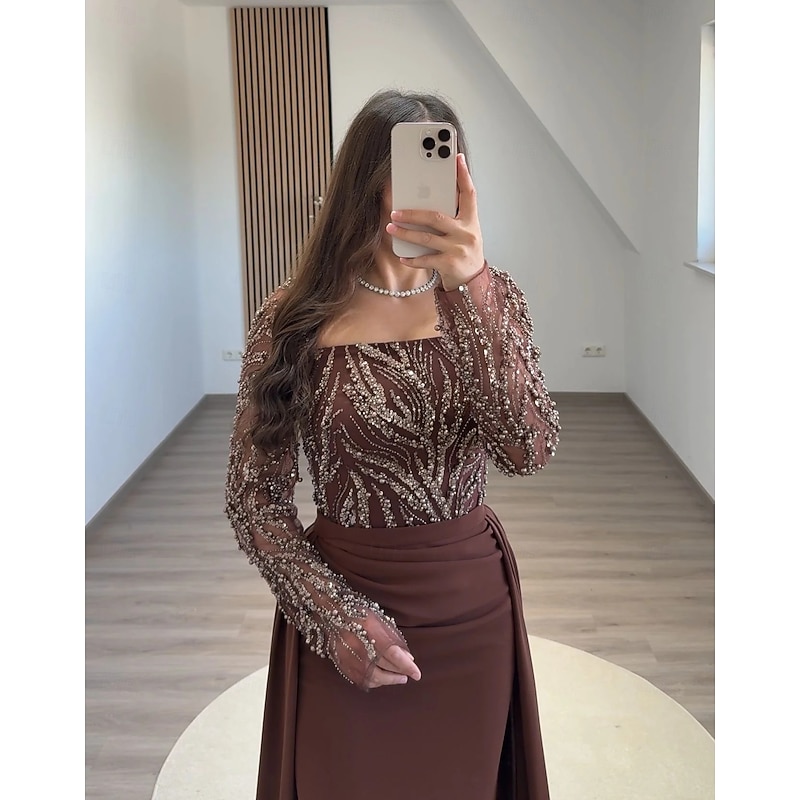 Black Tie Beased Lace Sheath / Column Evening Gown Detachable Overskirt Elegant Dress Formal Wedding Sweep / Brush Train Long Sleeve Square Neck Sequined with Ruched Pearls4