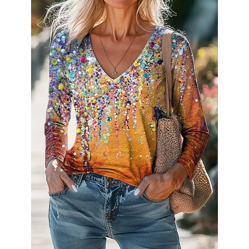 Women's Blouse Floral Bohemia Daily Long Sleeve V Neck Regular Tops Daily Holiday Print Sage Green Light Green Blue Orange Green Summer Spring Fall