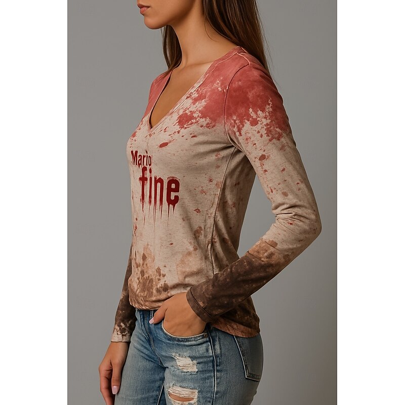 Halloween Women's T Shirt Bloodstain V Neck Long Sleeve Tunic Graphic Abstract Marble Vintage Fashion Stylish Regular Tops Daily Weekend Print Khaki Summer Fall Winter Spring, Fall, Winter, Summer3