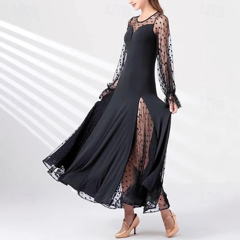 Women's Maxi Dress Sheath Dress Tulle Dress Elegant Wedding Vacation Party Regular Fit Polka Dot Long Sleeve Crew Neck Black Summer Spring Fall Winter2