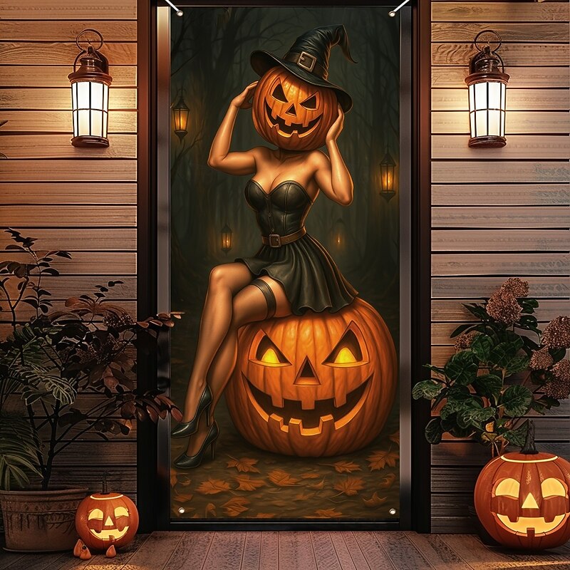 Halloween Door Cover – Pumpkin Head Woman with Jack-o'-Lanterns, Haunted House Entrance Banner, Scary Outdoor & Indoor Decoration for 2025 Halloween Bedroom, Living Room, Bathroom
