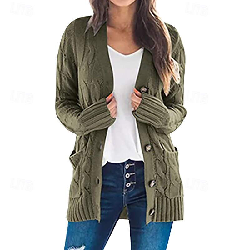 Women's Cardigan Casual Soft Solid Color Cable V Neck Buttons Knitted Long Sleeve Regular Tops Knit Outdoor Holiday Weekend Pink Army Green Fall4