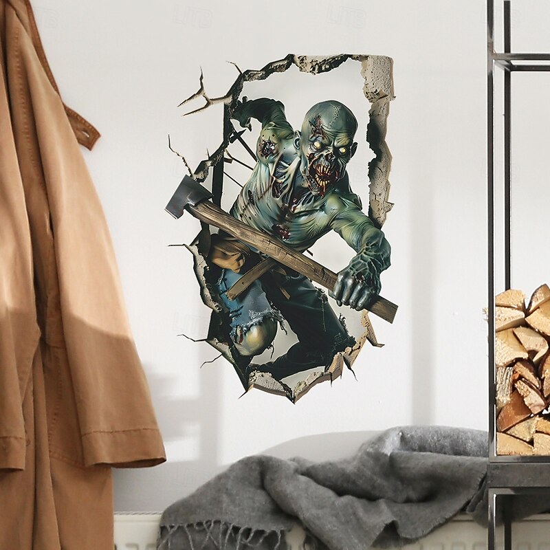 Halloween 3D Broken Wall Decal, Zombie with Axe Wall Stickers for Bedroom Living Room Entryway, Scary Self-Adhesive Halloween Wall Decor for Home Party4