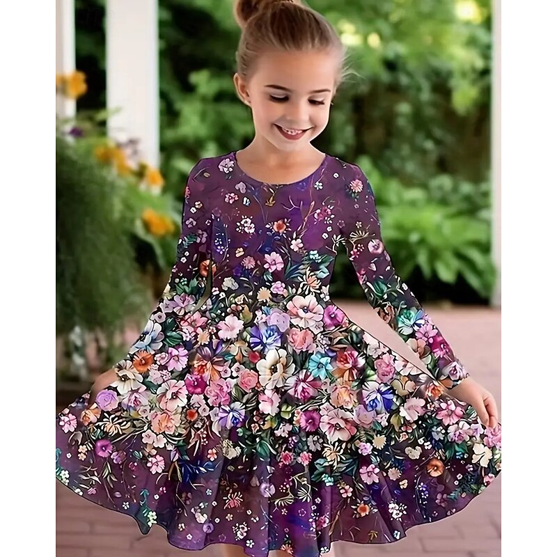 Girls' 3D Graphic Flower Dress Long Sleeve Summer Spring Vacation Daily Holiday Princess Beautiful Sweet Kids 4-12 Years Casual Dress A Line Dress Knee-length Regular Fit