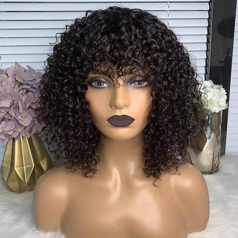 Curly Human Hair Wig With Bangs 100% Brazilian Human Hair Curly Wigs Scalp Full Machine Made Wig for Black Women L Curly Wigsn Human Hair Natural Color2