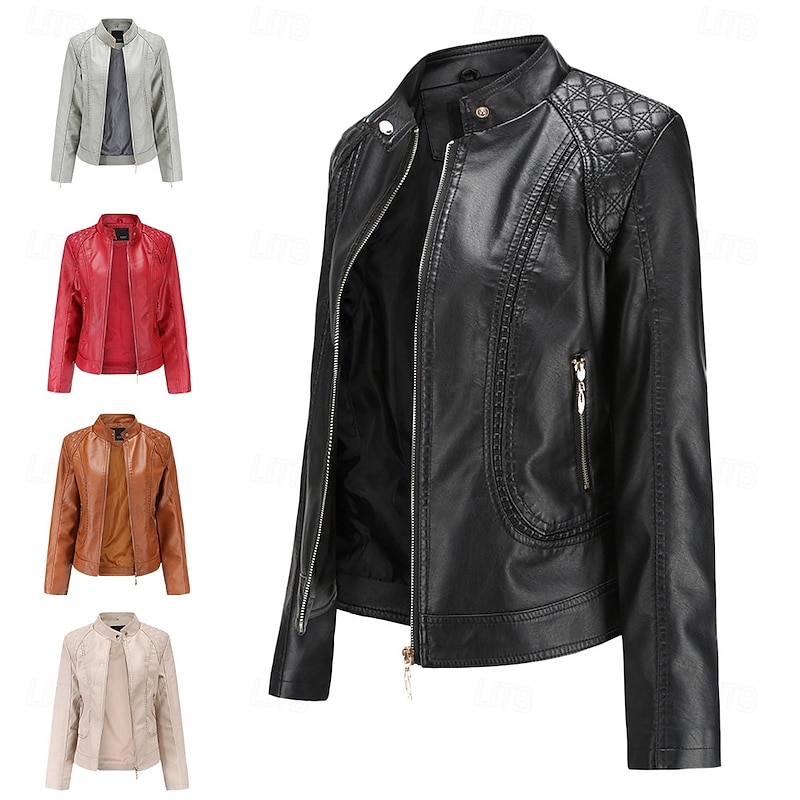 Women's Faux Leather Jacket Comfortable Pocket Full Zip Fashion Street Style Plain Outdoor Casual Daily Regular Stand Collar Regular Fit Long Sleeve Outerwear Black Champagne Red Spring Fall