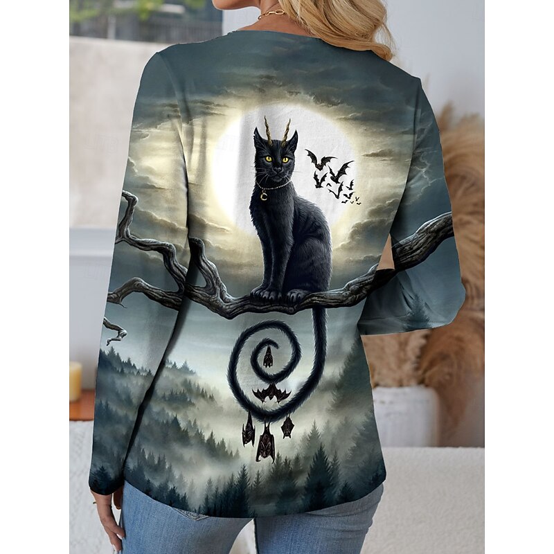 Sarah Richter Halloween Women's T shirt Black Cat Long Sleeve Crew Neck Long Sleeve Tunic Graphic Animal Cat Vintage Stylish Round Neck Regular Tops Daily Weekend Print Sage Green Fall Prefall2