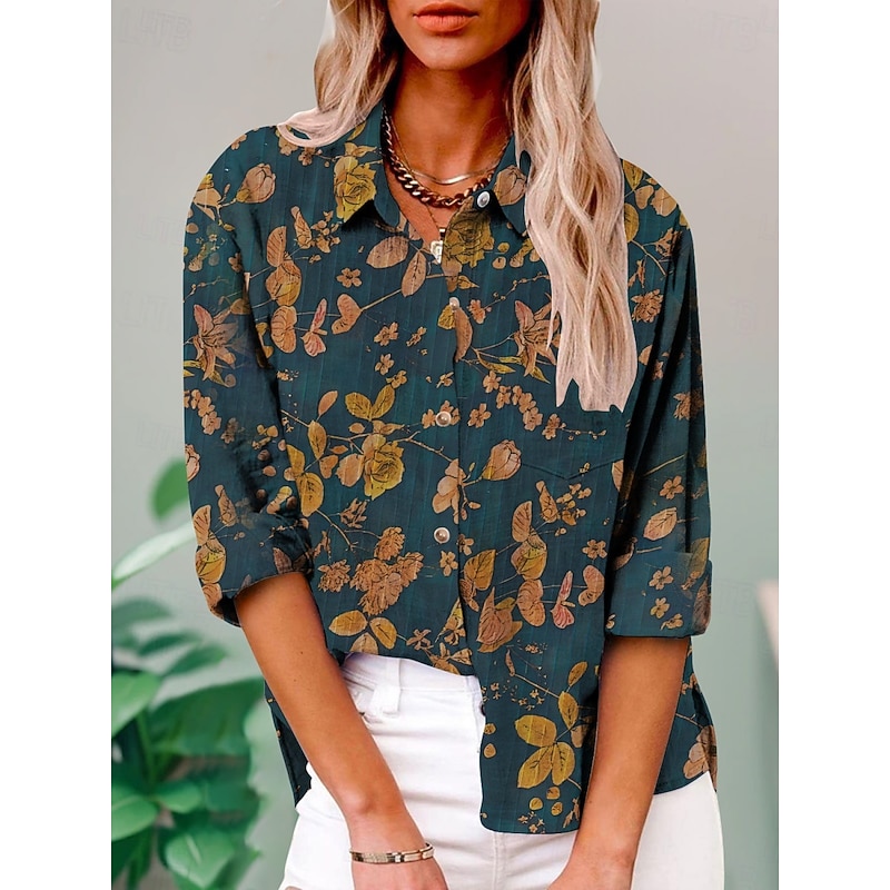 Women's Shirt Floral Active Daily Stylish Long Sleeve Shirt Collar Regular Tops Daily Holiday Buttons Print Blue Summer Spring Fall