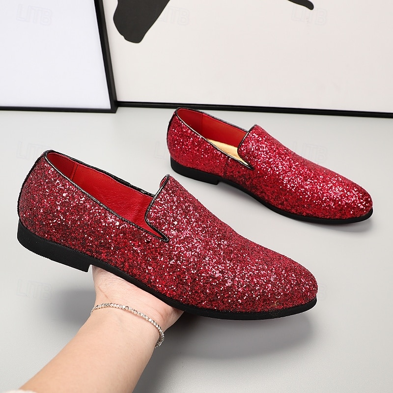 Men's Red Glitter Loafers – Sparkling Slip-On Party Shoes for Stage Shows, Performances & Holiday Events2