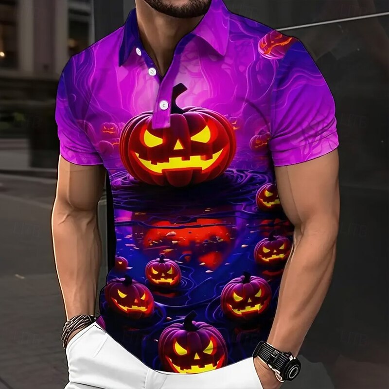 Halloween Men's Pumpkin Polo Short Sleeve Polo Shirts Collared Shirts Casual Horror Dark Street Athleisure Festival Outfit 3D Print Buttons Summer Purple