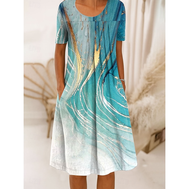Women's Midi Dress Shift Dress A Line Dress Summer Dress Elegant Vacation Casual Regular Fit Graphic Marble Short Sleeve Crew Neck Pink Blue Green Summer Spring4