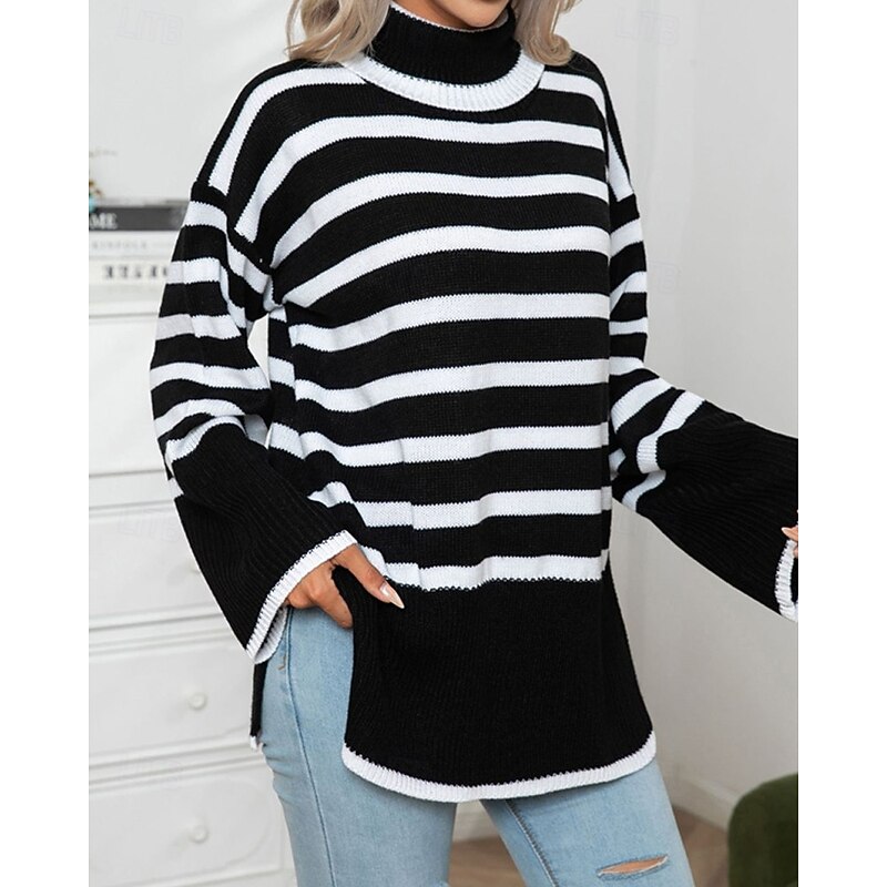 Women's Pullover Casual Striped Chunky Turtleneck Knitted Long Sleeve Regular Tops Knit Daily Holiday Going out Black White Fall Winter2