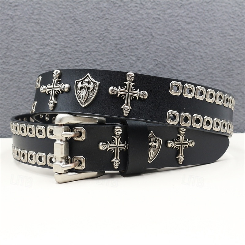 Men's Belt Waist Belt Black Dermis Alloy Durable Adjustable Plain Cross Skulls Outdoor Daily