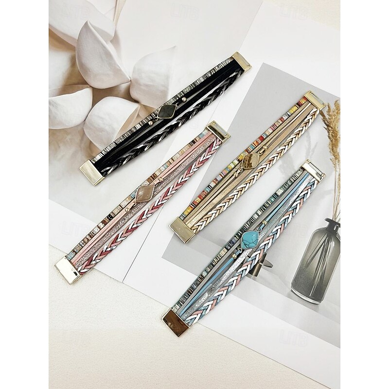 Women's Bohemian Wrap Bracelet – Multi-Layer Faux Leather Magnetic Cuff with Alloy Charms and Turquoise Stone for Casual Wear, Parties or Gifts3