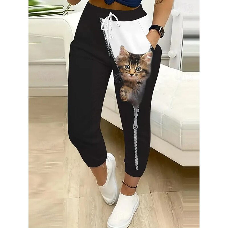 Women's Skinny Vacation Vintage Fashion Ankle-Length High Waist Animal Cat Elastic Waistband Stretchy Black Summer Spring Fall2