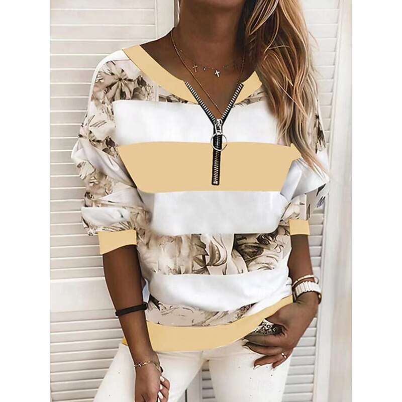 Women's Quarter Zipper Sweater Blouse Striped Stylish Casual Long Sleeve V Neck Regular Tops Daily Print Yellow Pink Blue Spring Fall4