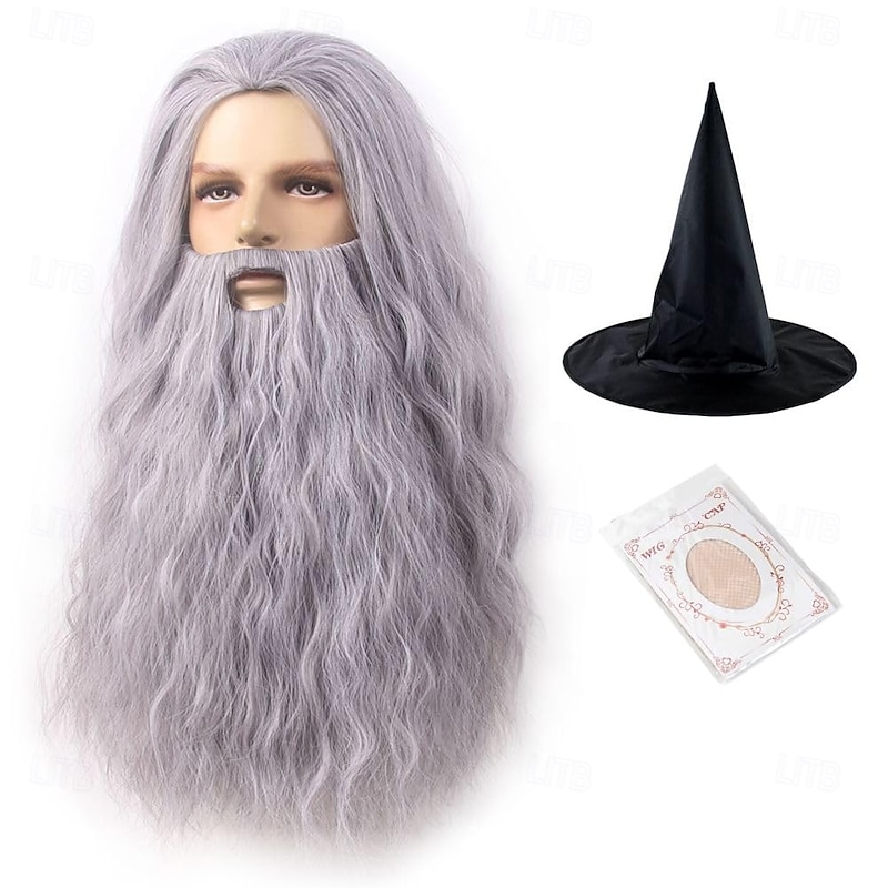 Old Man Costume Wizard Gandalf Beard and Wig set Jesus Fake Gray Long Synthetic Hair Wigs Halloween Beards
