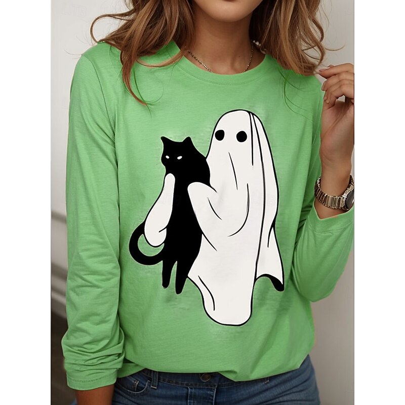 Halloween Women's T shirt Ghost Crew Neck Long Sleeve Tunic Graphic Cat Vintage Stylish Classic Round Neck Regular Tops Daily Weekend Print Pink Blue Purple Green Khaki Spring Fall4