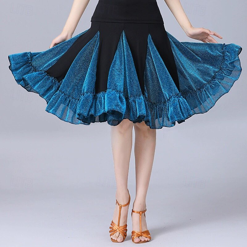 Latin Dance Skirts Pleats Pure Color Splicing Women's Performance Training High Polyester3