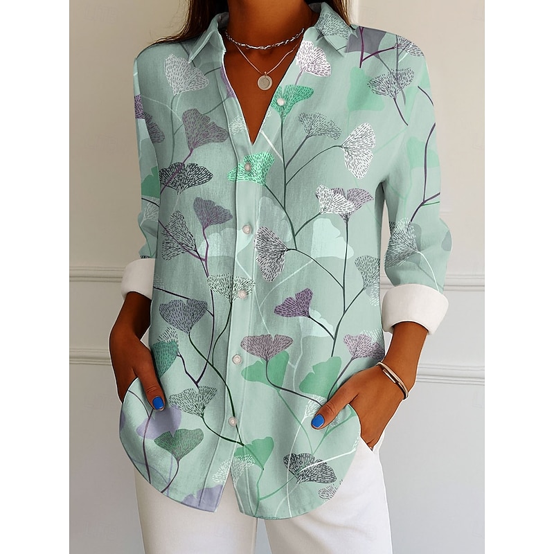 Women's Shirt Button Down Tunic Shirt Collar Long Sleeve Graphic Leaf Elegant Vintage Tropical Regular Tops Work Daily s Print Blue Purple Green Beige Spring4