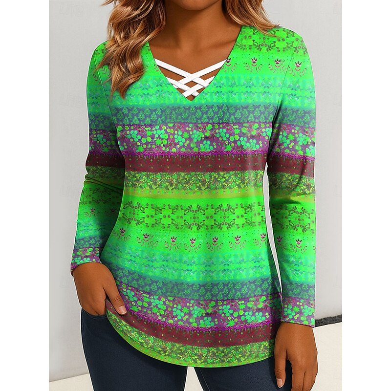 Women's T Shirt Floral Graphic Vintage Stylish Classic Long Sleeve V Neck Regular Tops Daily Cut Out Print Blue Purple Orange Green Spring Fall4