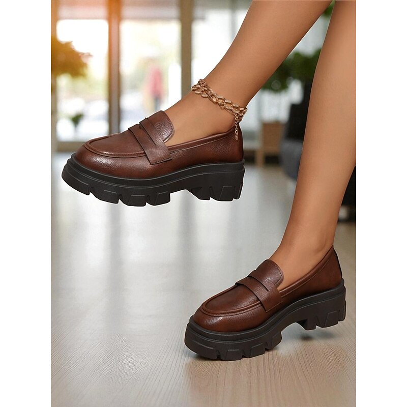 Women's Black Chunky Loafers with Platform Sole - Trendy Slip-On Casual Shoes for Everyday Wear, Office, and Weekend Outings3